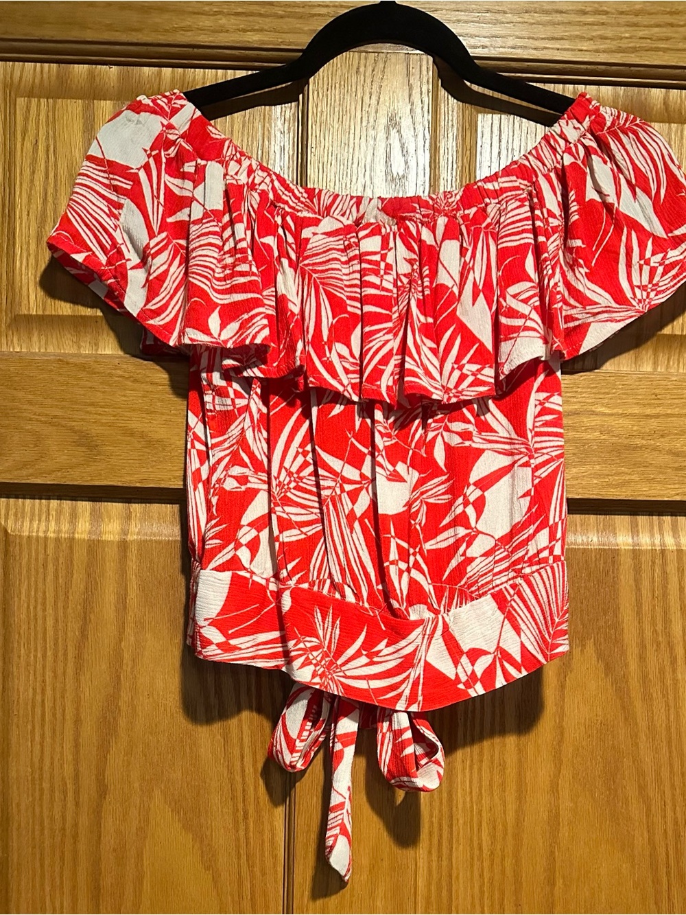 Red Tropical Off-Shoulder Ruffle Blouse - Picture 2 of 6